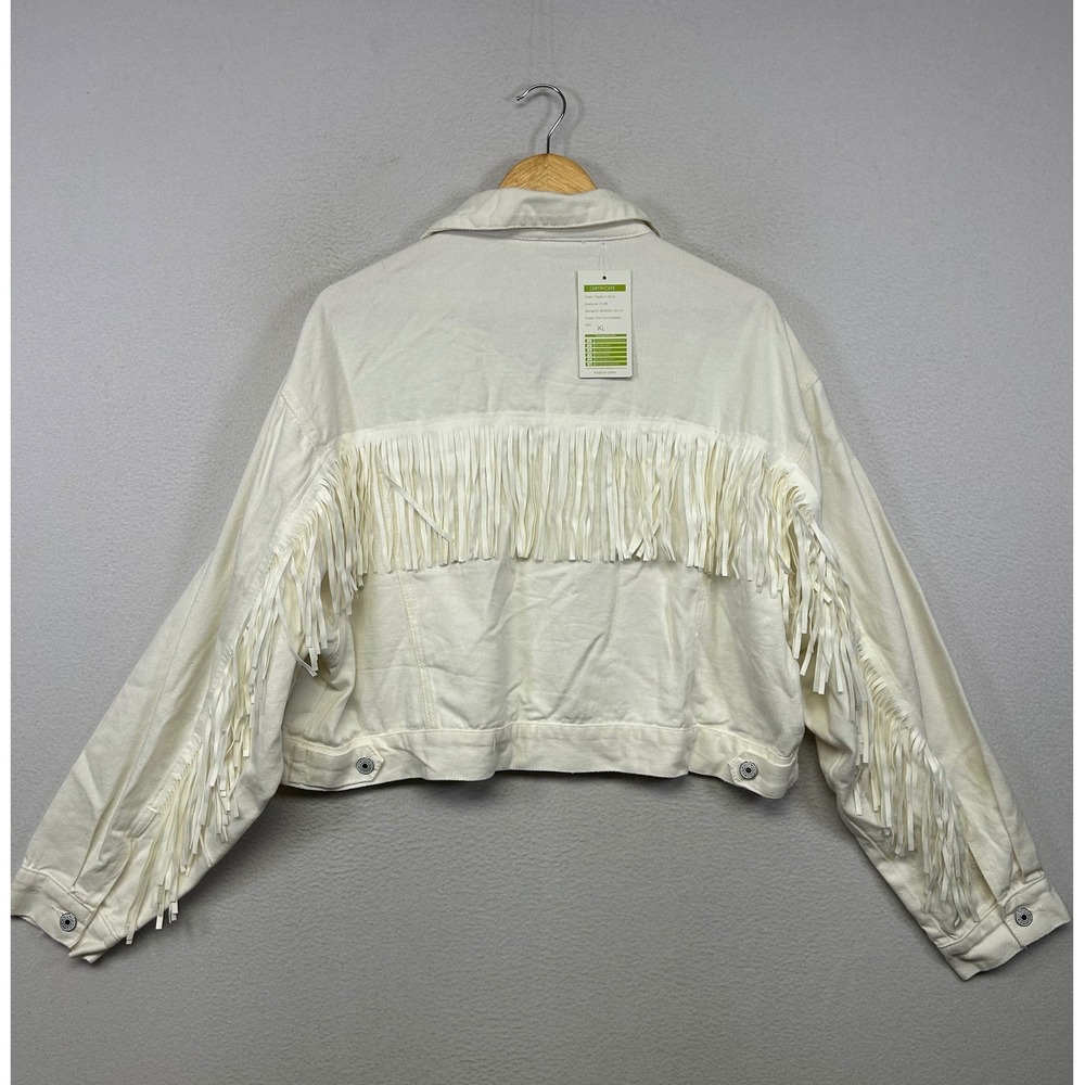Western Boho Jeans Women XL Off-White Cropped Fringe Denim Jacket Rodeo Cowgirl